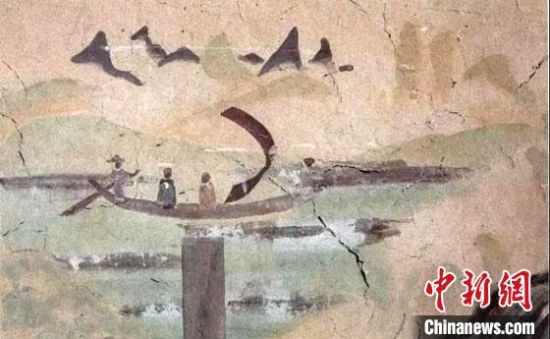 “一人搖櫓晃扁舟，兩人撐篙水上漂。”圖為莫高窟第323窟《搖櫓帆船》（初唐）?！《鼗脱芯吭汗﹫D