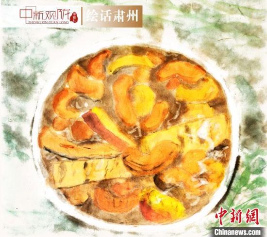 圖為酒泉美食“糊鍋”繪畫作品。　杜興彥 攝