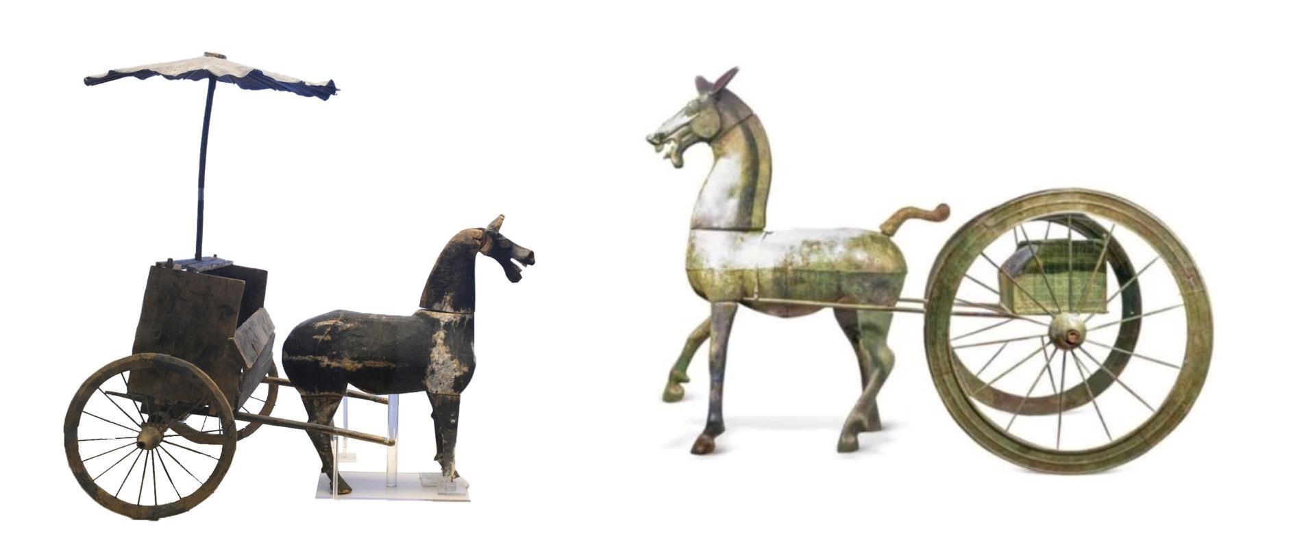 △左為漢代木軺車，藏于青海省博物館；右為東漢銅車馬，藏于黔西南州博物館。